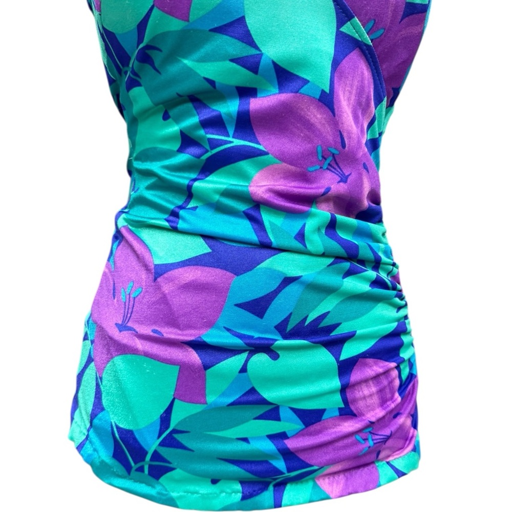Vintage 70s Maxine of Hollywood Blue Purple Floral One-Piece Swimsuit size 14 - Picture 8 of 16